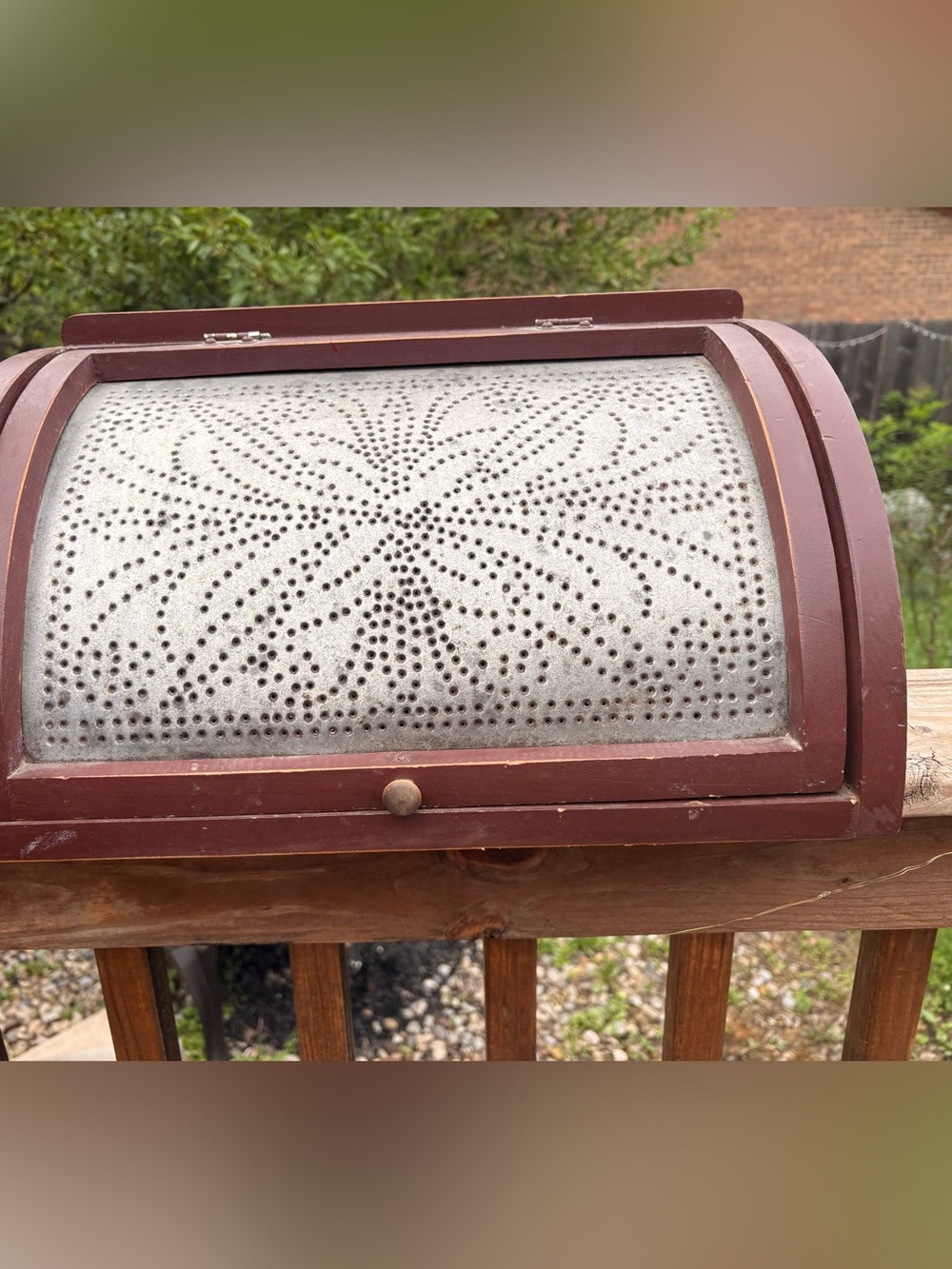 Perforated Metal Bread Box with Wood Frame - Rustic Red